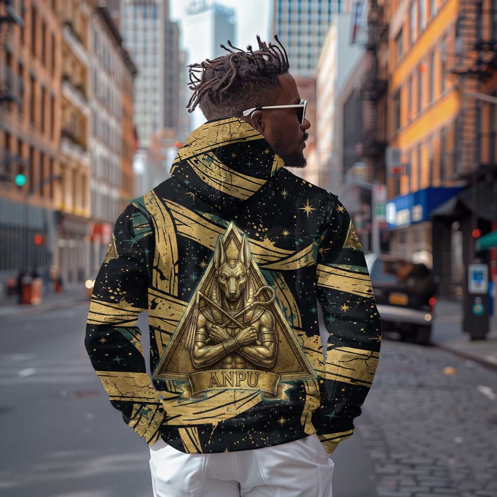 Anubis Ancient Egyptian Hoodie with Starry Mummy Wrap Pattern, Anubis Warrior Illustration, and Pyramid - African Pride