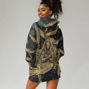 Anubis Ancient Egyptian Hoodie Dress with Starry Mummy Wrap Pattern, Anubis Warrior Illustration, and Pyramid - African Pride