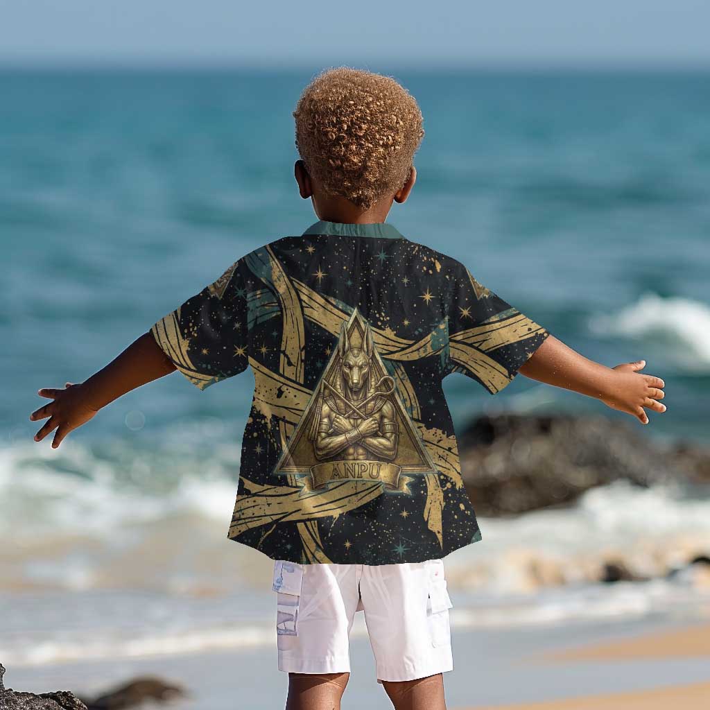 Anubis Ancient Egyptian Kid Hawaiian Shirt with Starry Mummy Wrap Pattern, Anubis Warrior Illustration, and Pyramid - African Pride