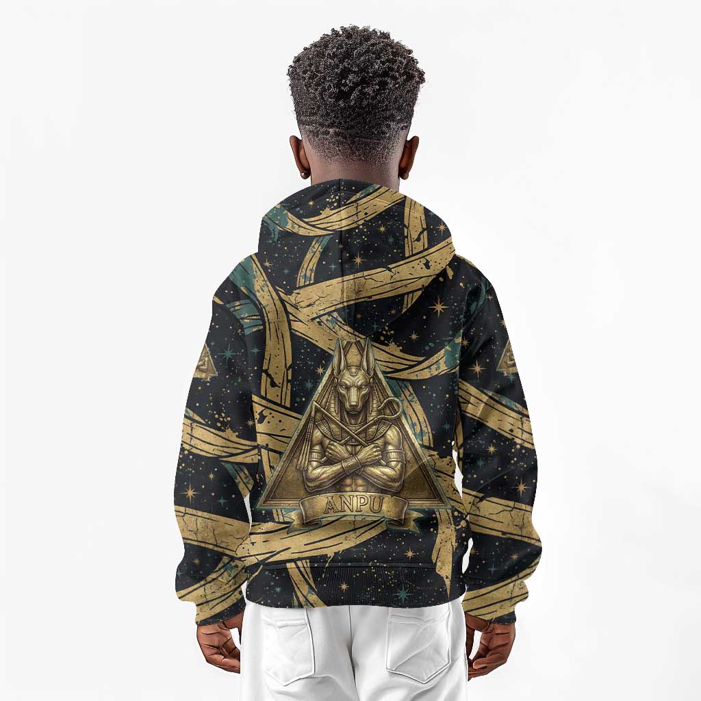 Anubis Ancient Egyptian Kid Hoodie with Starry Mummy Wrap Pattern, Anubis Warrior Illustration, and Pyramid - African Pride
