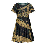 Anubis Ancient Egyptian Kid Short Sleeve Dress with Starry Mummy Wrap Pattern, Anubis Warrior Illustration, and Pyramid - African Pride