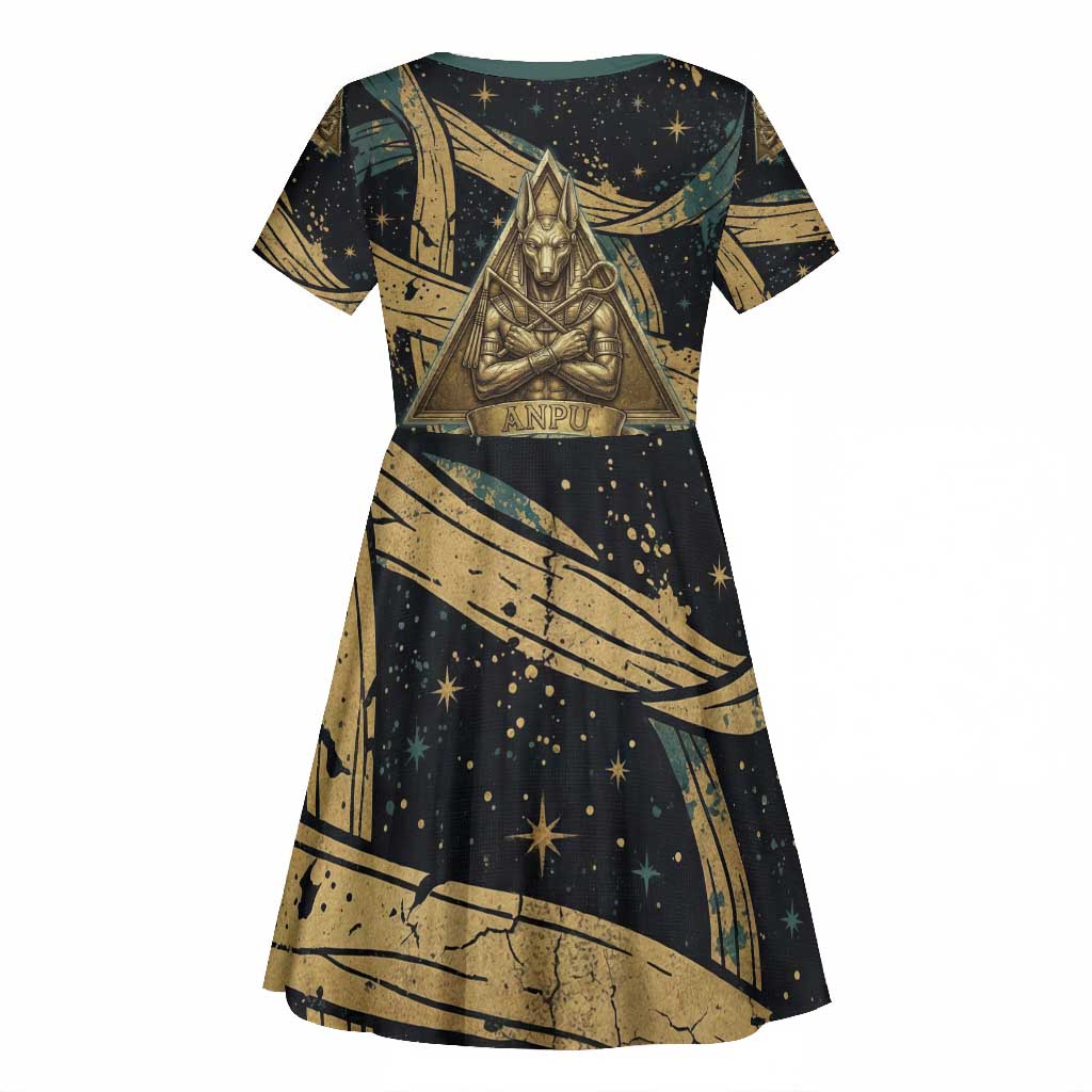 Anubis Ancient Egyptian Kid Short Sleeve Dress with Starry Mummy Wrap Pattern, Anubis Warrior Illustration, and Pyramid - African Pride