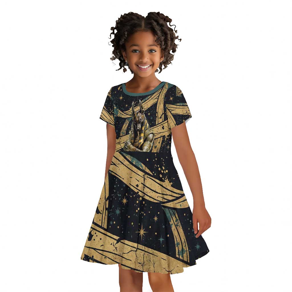 Anubis Ancient Egyptian Kid Short Sleeve Dress with Starry Mummy Wrap Pattern, Anubis Warrior Illustration, and Pyramid - African Pride