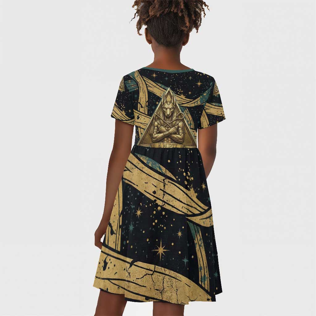 Anubis Ancient Egyptian Kid Short Sleeve Dress with Starry Mummy Wrap Pattern, Anubis Warrior Illustration, and Pyramid - African Pride
