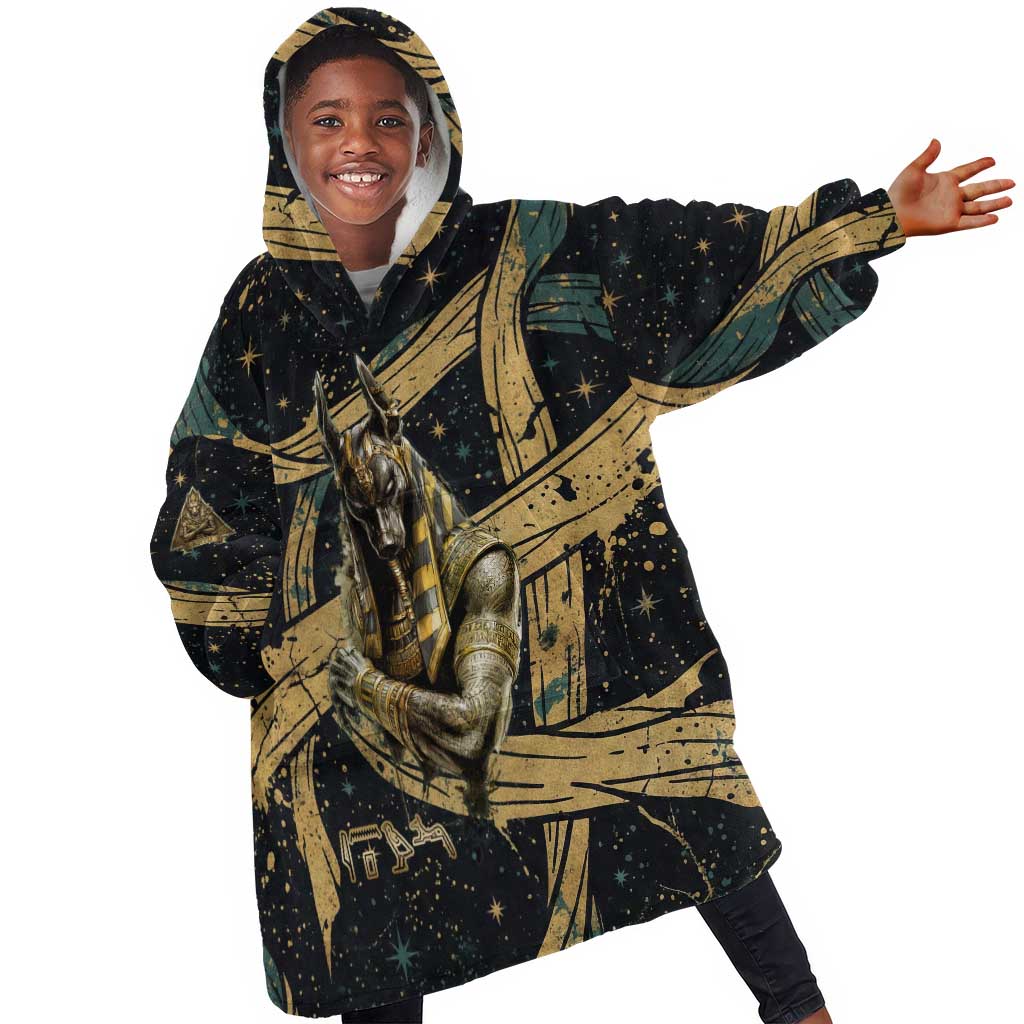 Anubis Ancient Egyptian Kid Wearable Blanket Hoodie with Starry Mummy Wrap Pattern, Anubis Warrior Illustration, and Pyramid - African Pride