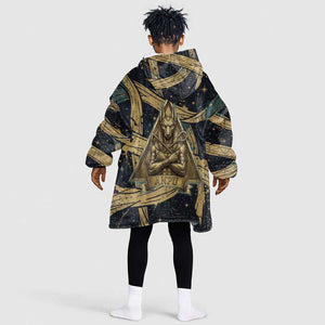 Anubis Ancient Egyptian Kid Wearable Blanket Hoodie with Starry Mummy Wrap Pattern, Anubis Warrior Illustration, and Pyramid - African Pride