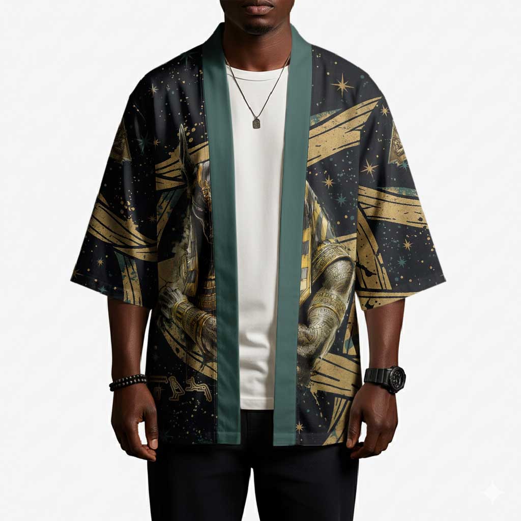 Anubis Ancient Egyptian Kimono with Starry Mummy Wrap Pattern, Anubis Warrior Illustration, and Pyramid - African Pride