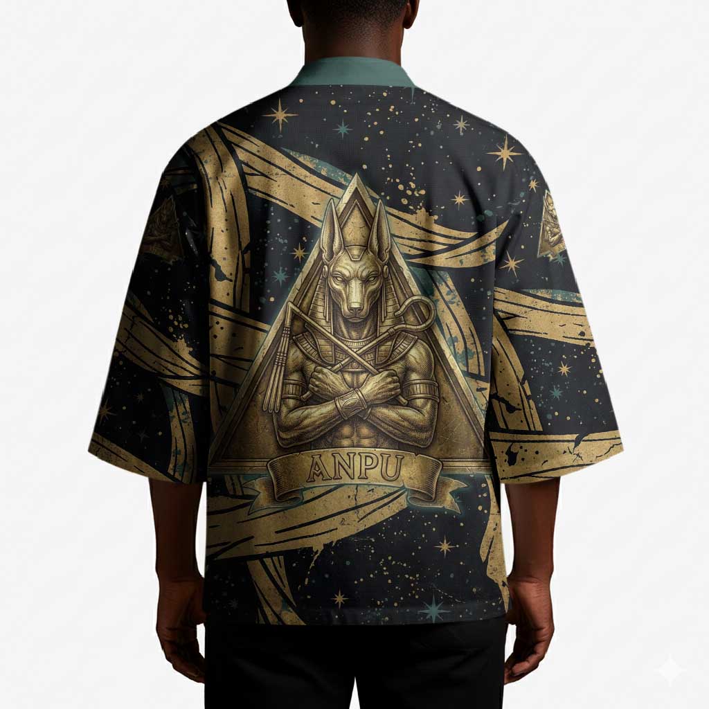 Anubis Ancient Egyptian Kimono with Starry Mummy Wrap Pattern, Anubis Warrior Illustration, and Pyramid - African Pride