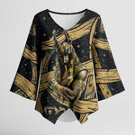 Anubis Ancient Egyptian Kimono Sleeve Blouse with Starry Mummy Wrap Pattern, Anubis Warrior Illustration, and Pyramid - African Pride