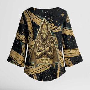 Anubis Ancient Egyptian Kimono Sleeve Blouse with Starry Mummy Wrap Pattern, Anubis Warrior Illustration, and Pyramid - African Pride