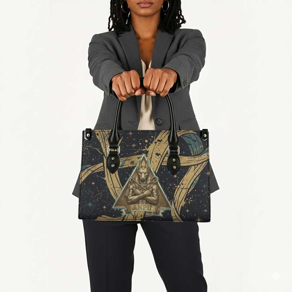 Anubis Ancient Egyptian Leather Bag with Starry Mummy Wrap Pattern, Anubis Warrior Illustration, and Pyramid - African Pride