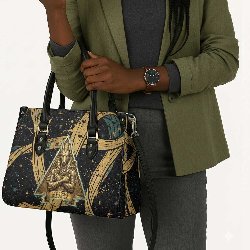 Anubis Ancient Egyptian Leather Bag with Starry Mummy Wrap Pattern, Anubis Warrior Illustration, and Pyramid - African Pride