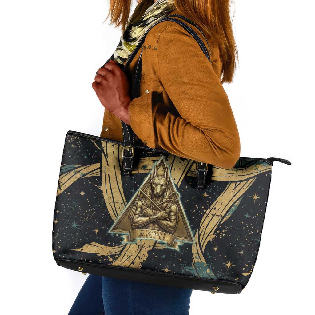 Anubis Ancient Egyptian Leather Tote Bag with Starry Mummy Wrap Pattern, Anubis Warrior Illustration, and Pyramid - African Pride