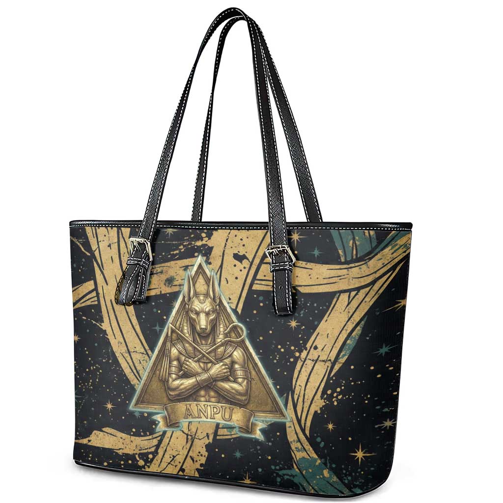 Anubis Ancient Egyptian Leather Tote Bag with Starry Mummy Wrap Pattern, Anubis Warrior Illustration, and Pyramid - African Pride