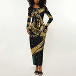 Anubis Ancient Egyptian Long Sleeve Bodycon Dress with Starry Mummy Wrap Pattern, Anubis Warrior Illustration, and Pyramid - African Pride