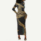 Anubis Ancient Egyptian Long Sleeve Bodycon Dress with Starry Mummy Wrap Pattern, Anubis Warrior Illustration, and Pyramid - African Pride