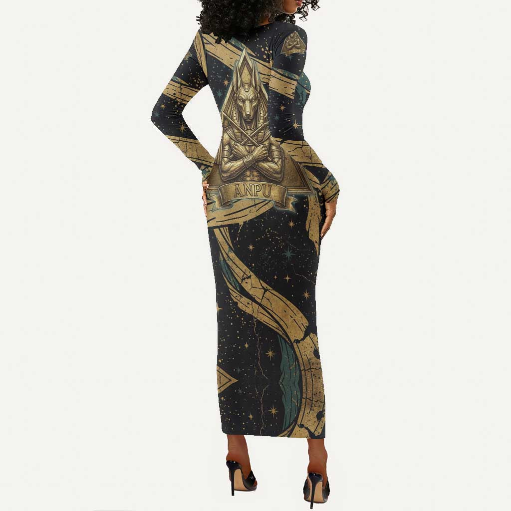 Anubis Ancient Egyptian Long Sleeve Bodycon Dress with Starry Mummy Wrap Pattern, Anubis Warrior Illustration, and Pyramid - African Pride