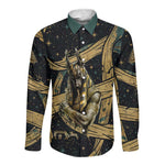 Anubis Ancient Egyptian Long Sleeve Button Shirt with Starry Mummy Wrap Pattern, Anubis Warrior Illustration, and Pyramid - African Pride