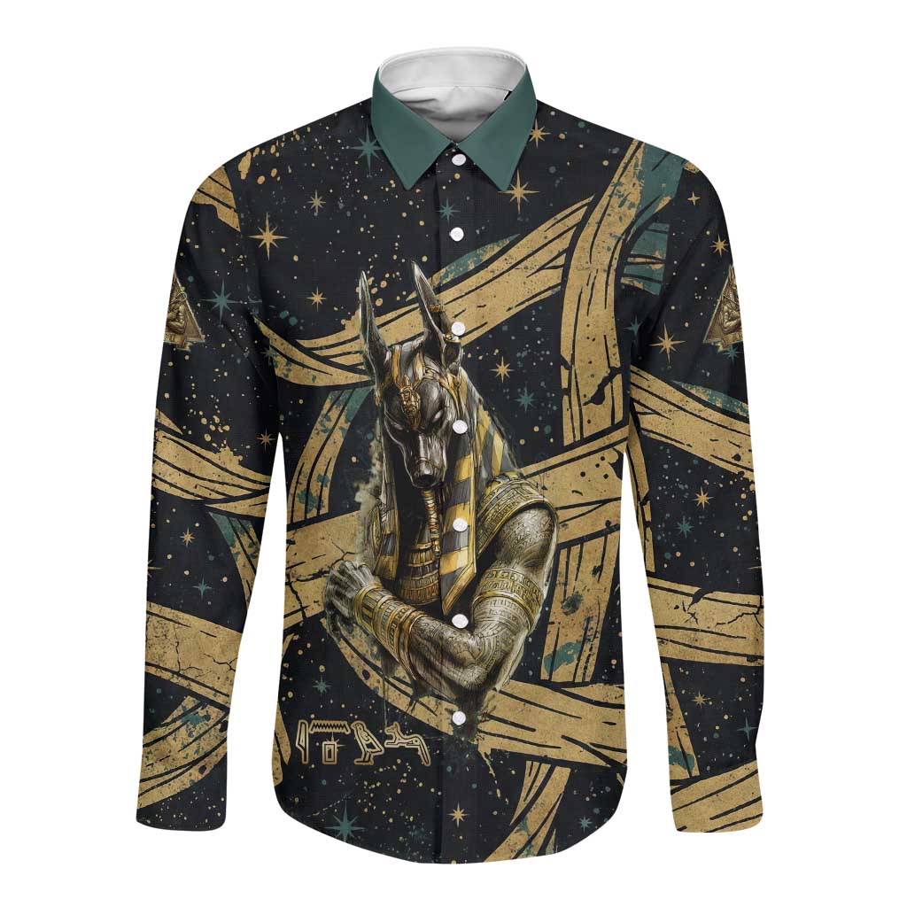 Anubis Ancient Egyptian Long Sleeve Button Shirt with Starry Mummy Wrap Pattern, Anubis Warrior Illustration, and Pyramid - African Pride