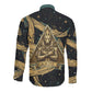 Anubis Ancient Egyptian Long Sleeve Button Shirt with Starry Mummy Wrap Pattern, Anubis Warrior Illustration, and Pyramid - African Pride