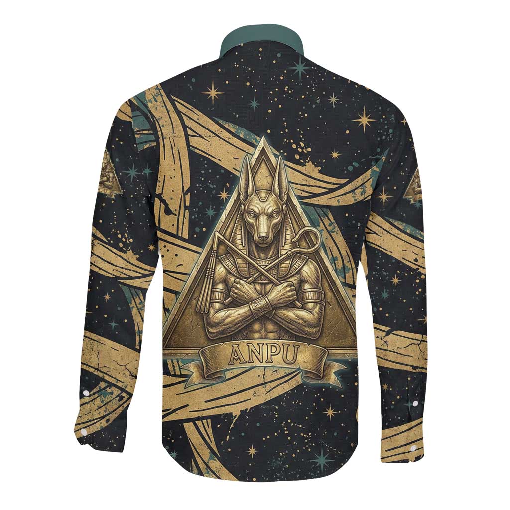 Anubis Ancient Egyptian Long Sleeve Button Shirt with Starry Mummy Wrap Pattern, Anubis Warrior Illustration, and Pyramid - African Pride