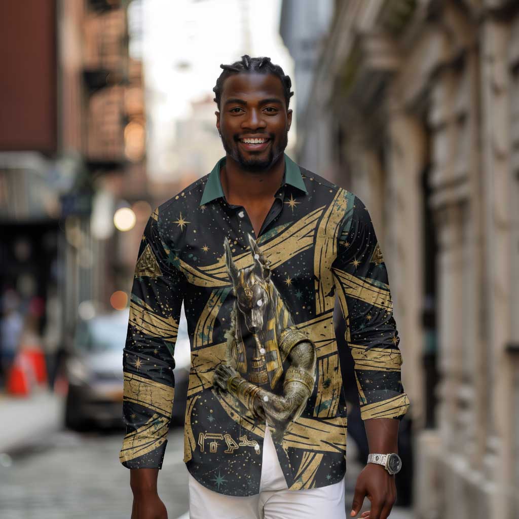 Anubis Ancient Egyptian Long Sleeve Button Shirt with Starry Mummy Wrap Pattern, Anubis Warrior Illustration, and Pyramid - African Pride