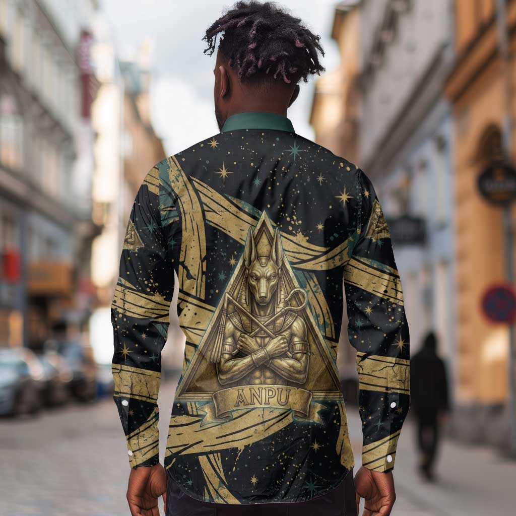 Anubis Ancient Egyptian Long Sleeve Button Shirt with Starry Mummy Wrap Pattern, Anubis Warrior Illustration, and Pyramid - African Pride