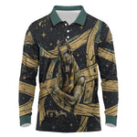 Anubis Ancient Egyptian Long Sleeve Polo Shirt with Starry Mummy Wrap Pattern, Anubis Warrior Illustration, and Pyramid - African Pride