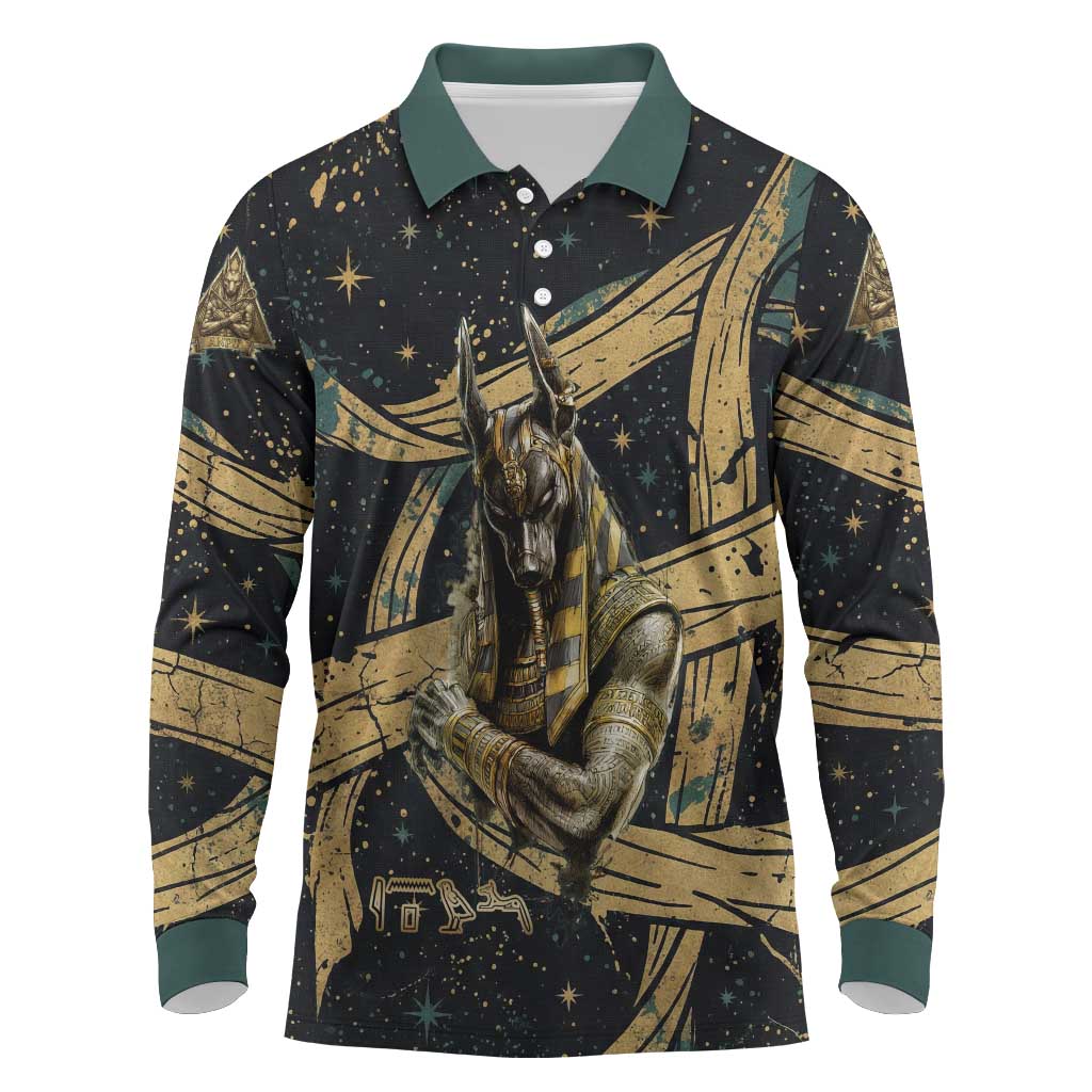 Anubis Ancient Egyptian Long Sleeve Polo Shirt with Starry Mummy Wrap Pattern, Anubis Warrior Illustration, and Pyramid - African Pride