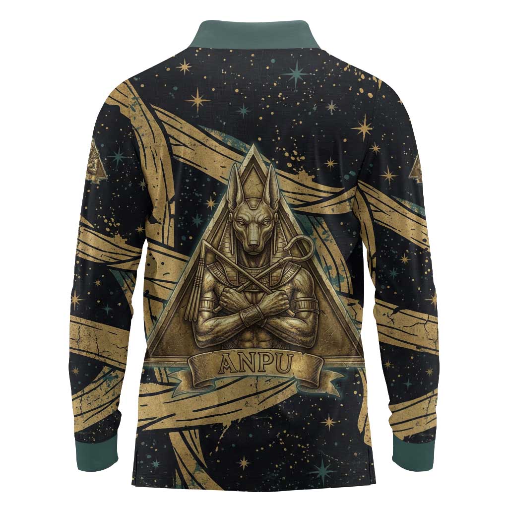 Anubis Ancient Egyptian Long Sleeve Polo Shirt with Starry Mummy Wrap Pattern, Anubis Warrior Illustration, and Pyramid - African Pride