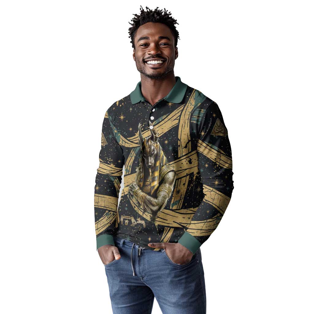 Anubis Ancient Egyptian Long Sleeve Polo Shirt with Starry Mummy Wrap Pattern, Anubis Warrior Illustration, and Pyramid - African Pride