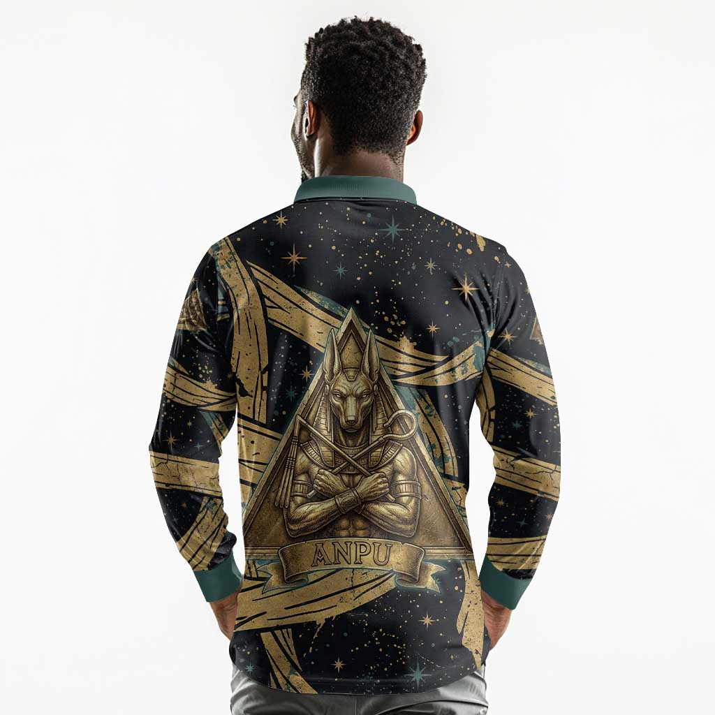 Anubis Ancient Egyptian Long Sleeve Polo Shirt with Starry Mummy Wrap Pattern, Anubis Warrior Illustration, and Pyramid - African Pride