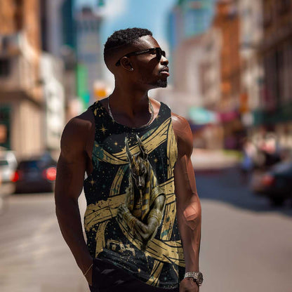 Anubis Ancient Egyptian Men Tank Top with Starry Mummy Wrap Pattern, Anubis Warrior Illustration, and Pyramid - African Pride