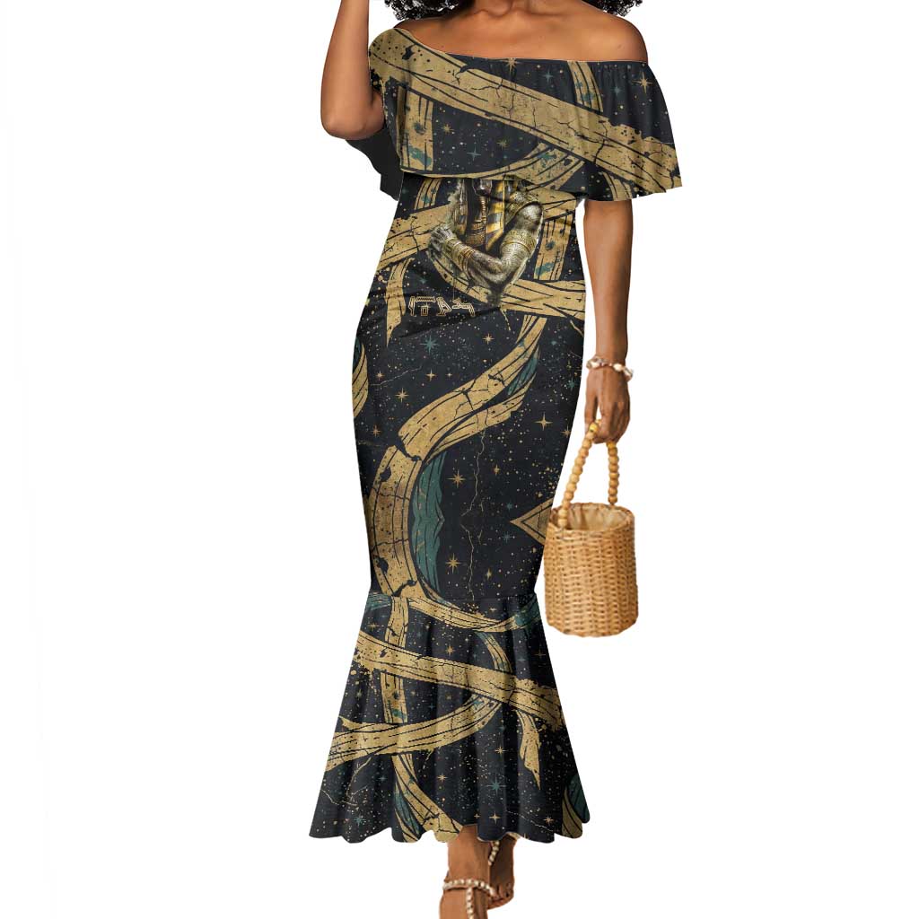Anubis Ancient Egyptian Mermaid Dress with Starry Mummy Wrap Pattern, Anubis Warrior Illustration, and Pyramid - African Pride