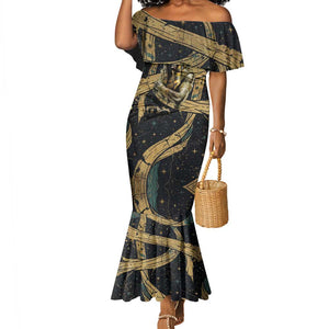 Anubis Ancient Egyptian Mermaid Dress with Starry Mummy Wrap Pattern, Anubis Warrior Illustration, and Pyramid - African Pride