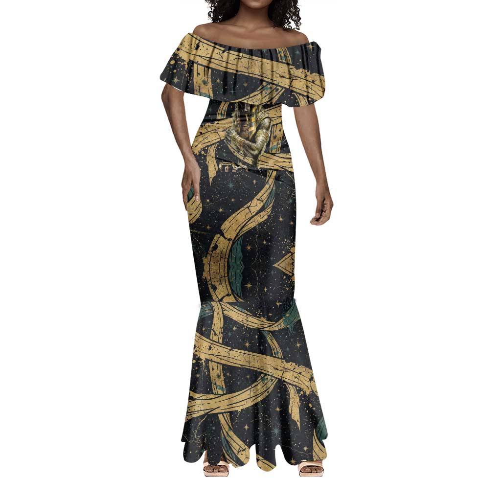 Anubis Ancient Egyptian Mermaid Dress with Starry Mummy Wrap Pattern, Anubis Warrior Illustration, and Pyramid - African Pride
