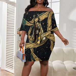 Anubis Ancient Egyptian Off Shoulder Short Dress with Starry Mummy Wrap Pattern, Anubis Warrior Illustration, and Pyramid - African Pride