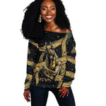 Anubis Ancient Egyptian Off Shoulder Sweater with Starry Mummy Wrap Pattern, Anubis Warrior Illustration, and Pyramid - African Pride