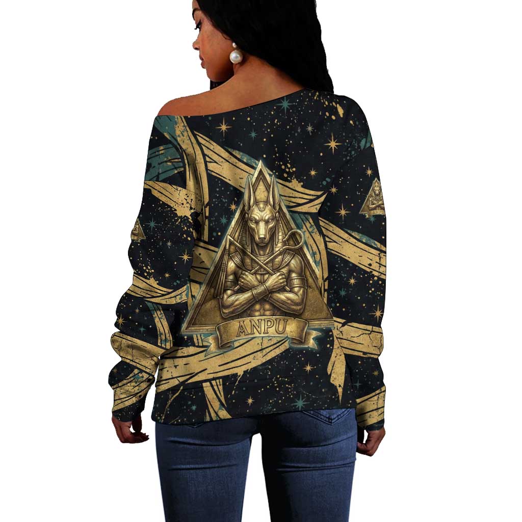 Anubis Ancient Egyptian Off Shoulder Sweater with Starry Mummy Wrap Pattern, Anubis Warrior Illustration, and Pyramid - African Pride