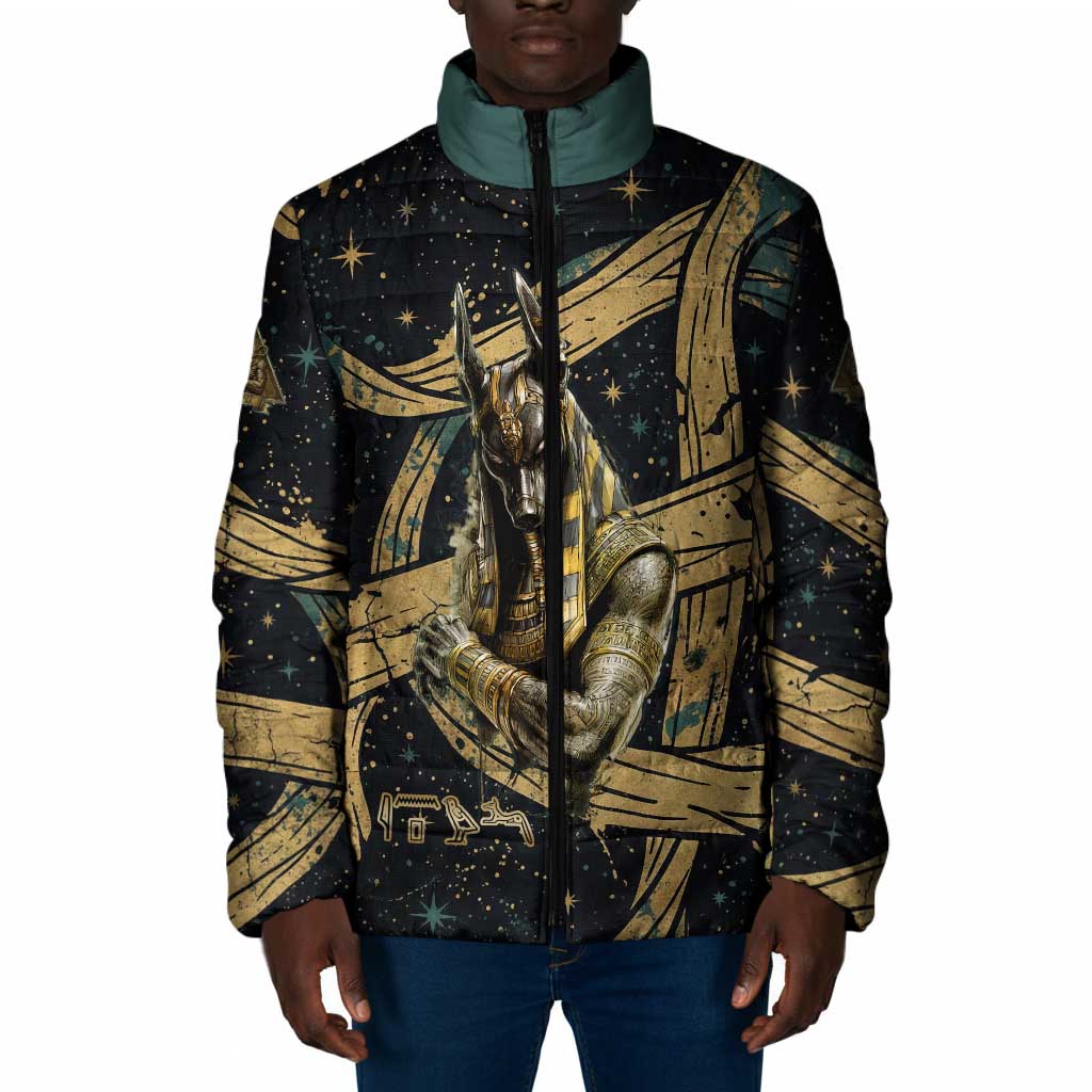 Anubis Ancient Egyptian Padded Jacket with Starry Mummy Wrap Pattern, Anubis Warrior Illustration, and Pyramid - African Pride