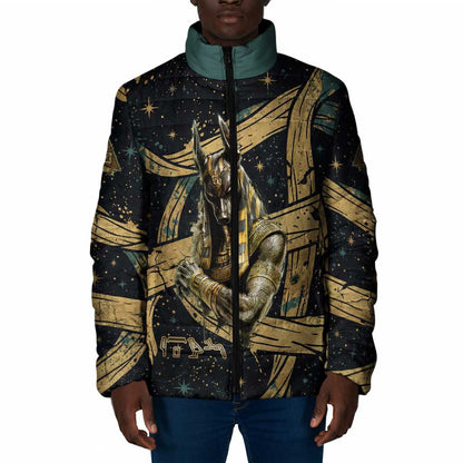 Anubis Ancient Egyptian Padded Jacket with Starry Mummy Wrap Pattern, Anubis Warrior Illustration, and Pyramid - African Pride
