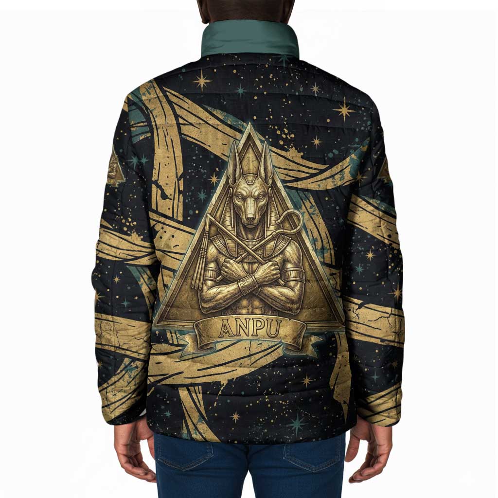 Anubis Ancient Egyptian Padded Jacket with Starry Mummy Wrap Pattern, Anubis Warrior Illustration, and Pyramid - African Pride