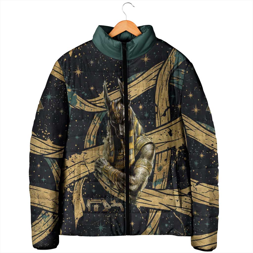 Anubis Ancient Egyptian Padded Jacket with Starry Mummy Wrap Pattern, Anubis Warrior Illustration, and Pyramid - African Pride