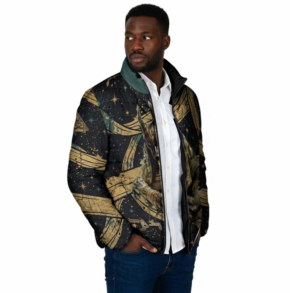 Anubis Ancient Egyptian Padded Jacket with Starry Mummy Wrap Pattern, Anubis Warrior Illustration, and Pyramid - African Pride