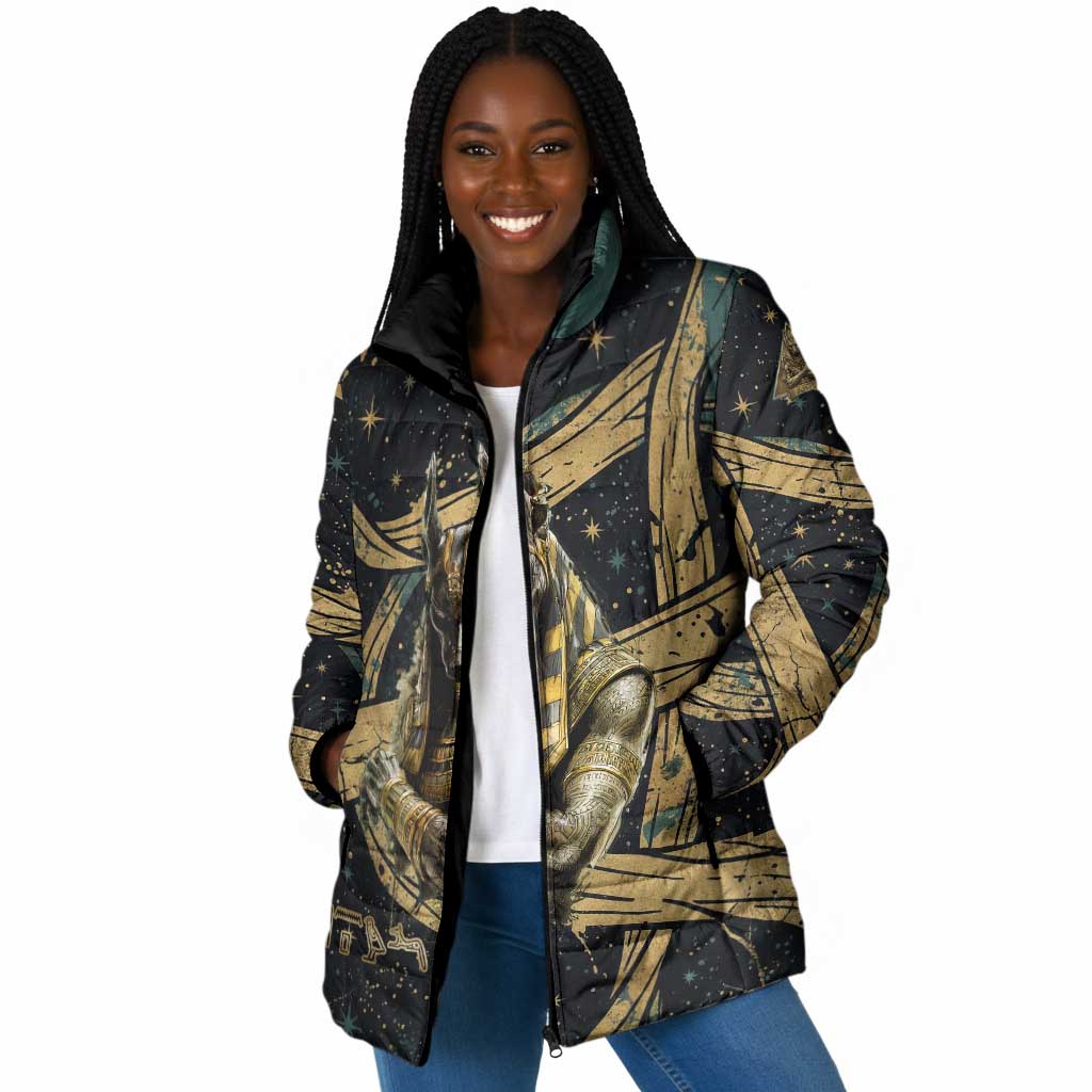 Anubis Ancient Egyptian Padded Jacket with Starry Mummy Wrap Pattern, Anubis Warrior Illustration, and Pyramid - African Pride