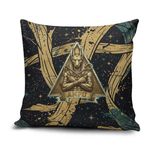 Anubis Ancient Egyptian Pillow Cover with Starry Mummy Wrap Pattern, Anubis Warrior Illustration, and Pyramid - African Pride
