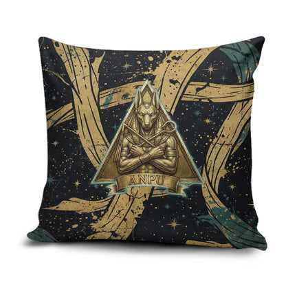 Anubis Ancient Egyptian Pillow Cover with Starry Mummy Wrap Pattern, Anubis Warrior Illustration, and Pyramid - African Pride