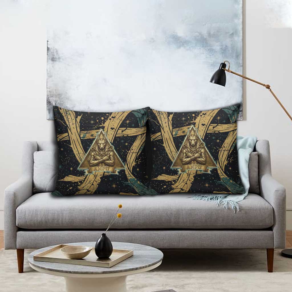 Anubis Ancient Egyptian Pillow Cover with Starry Mummy Wrap Pattern, Anubis Warrior Illustration, and Pyramid - African Pride