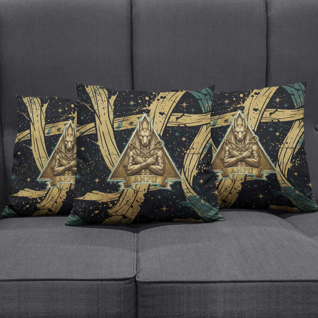 Anubis Ancient Egyptian Pillow Cover with Starry Mummy Wrap Pattern, Anubis Warrior Illustration, and Pyramid - African Pride