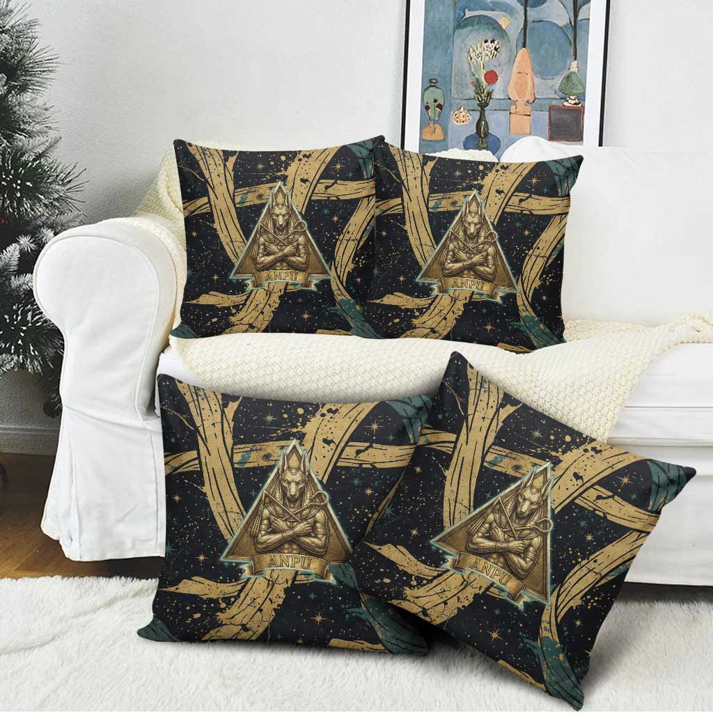 Anubis Ancient Egyptian Pillow Cover with Starry Mummy Wrap Pattern, Anubis Warrior Illustration, and Pyramid - African Pride